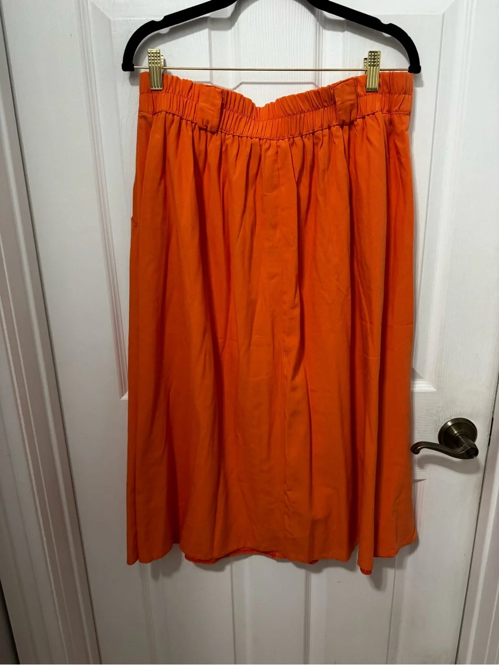 Button-Front Orange Midi Skirt with Pleats